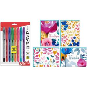 Pentel R.S.V.P Ballpoint Pens (Pack of 8) and Hallmark Thank You Notes, Watercolor Florals (48 Count with Envelopes) for Bridal Showers, Birthdays, Graduation, Any Occasion