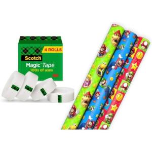Scotch Magic Tape and Hallmark Nintendo Super Mario Wrapping Paper Rolls (4 Rolls of Tape with Set of 3 Gift Wrap Rolls) for Birthdays, Christmas, Any Occasion