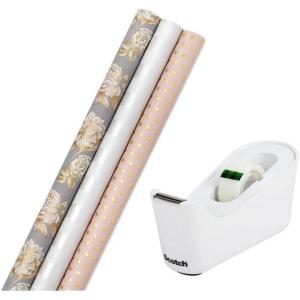 Scotch Tape Dispenser with Magic Tape and Hallmark Wedding Wrapping Paper Rolls (Includes Tape Dispenser, 1 Roll of Tape, Set of 3 Gift Wrap Rolls) Gold Hearts, Rose Flowers, White Stripes