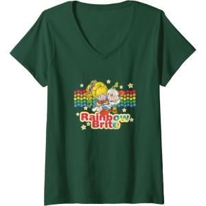 Womens Rainbow Brite & Sprite Vintage Star Stripes Distressed Logo V-Neck T-Shirt(Dark Green)