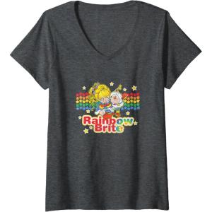 Womens Rainbow Brite & Sprite Vintage Star Stripes Distressed Logo V-Neck T-Shirt(Dark Heather Grey)
