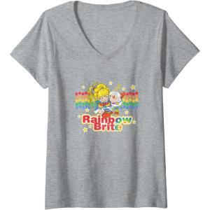 Womens Rainbow Brite & Sprite Vintage Star Stripes Distressed Logo V-Neck T-Shirt(Heather Grey)