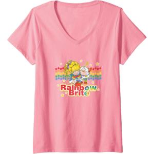 Womens Rainbow Brite & Sprite Vintage Star Stripes Distressed Logo V-Neck T-Shirt(Pink)