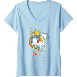 Womens Rainbow Brite & Starlite Best Friends Vintage Sparkle Duo V-Neck T-Shirt(Baby Blue)