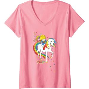 Womens Rainbow Brite & Starlite Best Friends Vintage Sparkle Duo V-Neck T-Shirt(Pink)