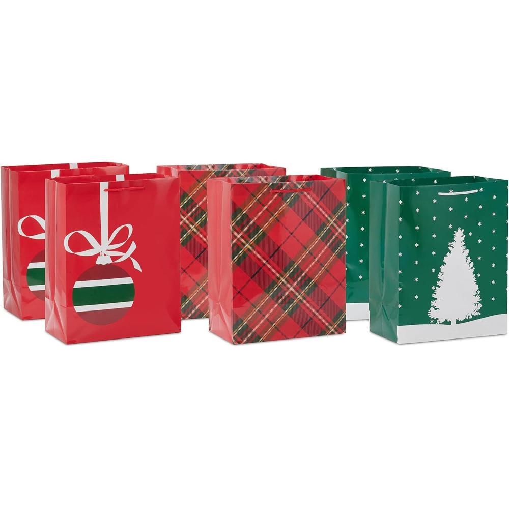 imageHallmark Image Arts 11quot Large Christmas Gift Bags 6 Bags Tartan Plaid Snowy Tree Red and Green Ornament for Coworkers Teachers Family