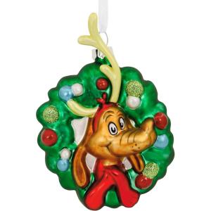 Hallmark Dr. Seuss’s How The Grinch Stole Christmas! Max with Presents Christmas Ornament, Blown Glass(Max in Wreath)
