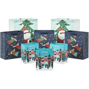 Hallmark Mahogany Christmas Gift Bag Assortment (8 Bags; 3 Small 6″, 3 Medium 9″, 2 Large 13″) Black Santa Claus, African-American Angels, Carolers