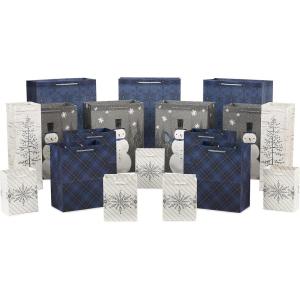 Hallmark Assorted Holiday Gift Bags (8 Bags: 3 Small 6″, 3 Medium 9″, 2 Large 13″) Winter Woodland Joy, Navy Blue, Gold(Blue Plaid  Snowman  Snowflakes  Tree)