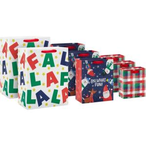 Hallmark Christmas Gift Bags Assorted Sizes (8 Bags: 2 Small 5″, 2 Medium 8″, 2 Large 11″, 2 Extra Large 14″) Penguins, Hedgehogs, Santa Claus, Snowmen, Trees(Fa la la  Oh What Fun  Christmas Plaid)