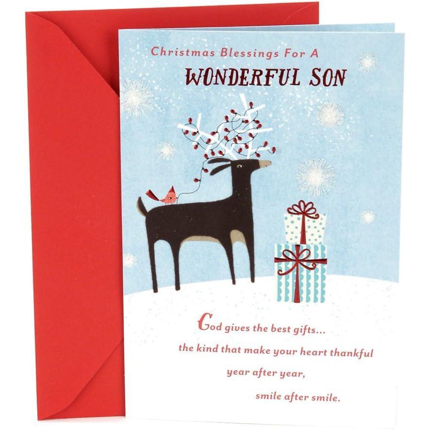 imageHallmark Christmas Card for Son CardinalDeer with Lights and Bird