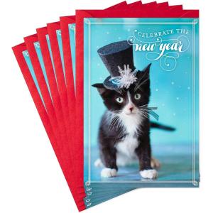 Hallmark Pack of Happy New Years Cards, Cat in Top Hat (6 Holiday Cards with Envelopes)