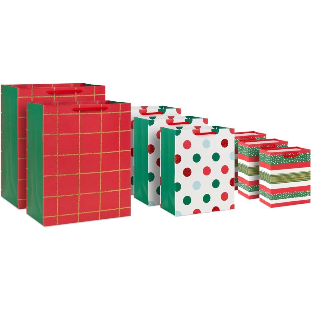 imageHallmark 11quot Large Red Gift Bag Bundle Pack of 3 for Birthdays Graduations Mothers Day Fathers Day Baby ShowersPlaid  Polka Dots  Stripes