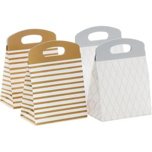 Hallmark Medium Self-Sealing Gift Bags with Handles (4 Bags, 2 Designs: Gold Stripes, Silver and White Diamonds) for Weddings, Anniversaries, Graduations, Any Occasion(Gold Stripes & Silver Diamonds)