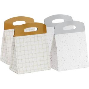 Hallmark Medium Self-Sealing Gift Bags with Handles (4 Bags, 2 Designs: Gold Stripes, Silver and White Diamonds) for Weddings, Anniversaries, Graduations, Any Occasion(Gold Plaid & Silver Dots)