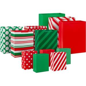 Hallmark Red Gift Bags in Assorted Sizes (Pack of 6: 2 Medium 9″, 2 Large 11″, 2 Extra Large 14″) for Christmas, Birthdays, Graduations, Father’s Day, Baby Showers, Bridal Showers, Weddings(Red  Green  Stripes  Polka Dots)